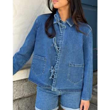 COZYPOIN Women's Tie Front Bow Denim Jacket Cropped Jean Shirts Lightweight Long Sleeve Spring Fall Top with Pockets