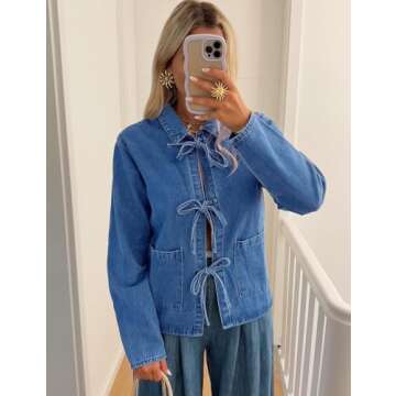 COZYPOIN Women's Tie Front Bow Denim Jacket Cropped Jean Shirts Lightweight Long Sleeve Spring Fall Top with Pockets