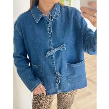 COZYPOIN Women's Tie Front Bow Denim Jacket Cropped Jean Shirts Lightweight Long Sleeve Spring Fall Top with Pockets
