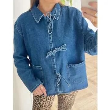 COZYPOIN Women's Tie Front Bow Denim Jacket Cropped Jean Shirts Lightweight Long Sleeve Spring Fall Top with Pockets