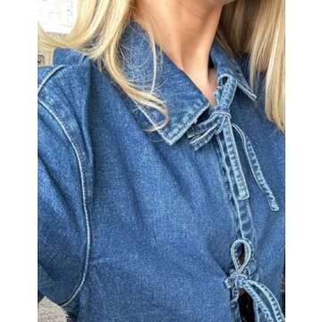 COZYPOIN Women's Tie Front Bow Denim Jacket Cropped Jean Shirts Lightweight Long Sleeve Spring Fall Top with Pockets