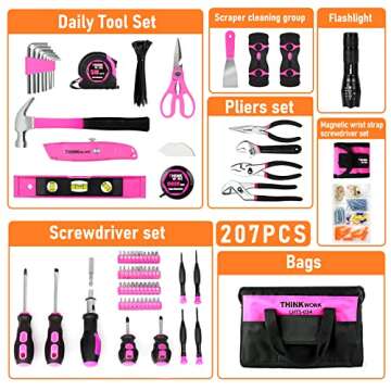 THINKWORK Pink Tool Set - 207 Piece Lady's Portable Home Repairing Tool Kit with 13'' Wide Mouth Ope...