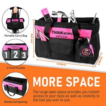 THINKWORK Pink Tool Set - 207 Piece Lady's Portable Home Repairing Tool Kit with 13'' Wide Mouth Open Storage Tool Bag, Perfect for DIY, Home Maintenance - Christmas Gift for Women, LHTS-034