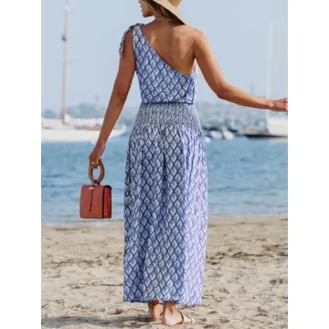 CUPSHE Women's Maxi Dress One Shoulder Sleeveless Smocked Floral Printed Self Tie Boho Long Dress Summer Dress Blue Floral, L