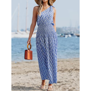 CUPSHE Women's Maxi Dress One Shoulder Sleeveless Smocked Floral Printed Self Tie Boho Long Dress Summer Dress Blue Floral, L