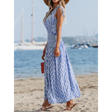 CUPSHE Women's Maxi Dress One Shoulder Sleeveless Smocked Floral Printed Self Tie Boho Long Dress Summer Dress Blue Floral, L