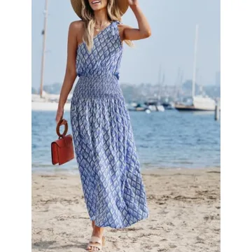 CUPSHE Women's Maxi Dress One Shoulder Sleeveless Smocked Floral Printed Self Tie Boho Long Dress Summer Dress Blue Floral, L