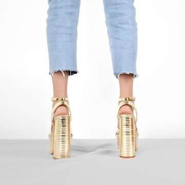 Onlymaker Platform Heels for Women Sexy Ankle Strap Chunky High Heeled Sandals Sparkly Metallic Leather Gold Platform Chunky Heels 5 inch High Block Heel Fashion Dress Platrorm Heels Size 8