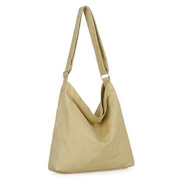 Covelin Women's Retro Large Size Canvas Shoulder Bag Hobo Crossbody Handbag Casual Tote Ecru