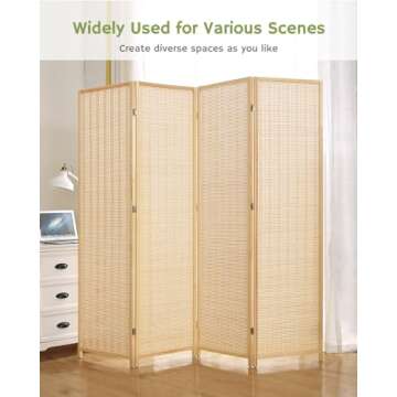 JOSTYLE Room Divider 4 Panel Folding Privacy Screen - 6ft Tall Bamboo Freestanding Separator