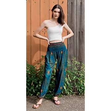 Banjamath® Women's Smocked Waist Harem Hippie Boho Yoga Palazzo Casual Pants (S,Peacock Ocean Blue)