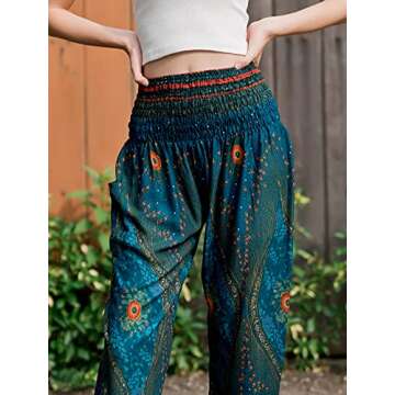 Banjamath® Women's Smocked Waist Harem Hippie Boho Yoga Palazzo Casual Pants (S,Peacock Ocean Blue)