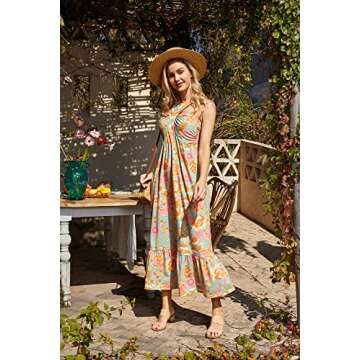 Women Crossover Halterneck Sleeveless Boho Summer Flowy Maxi Long Dress Greygreen XXL