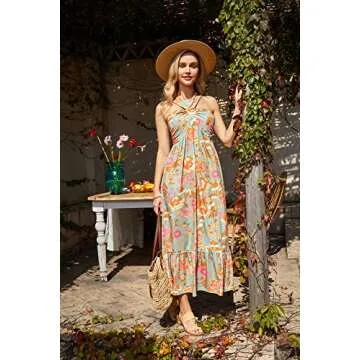 Women Crossover Halterneck Sleeveless Boho Summer Flowy Maxi Long Dress Greygreen XXL
