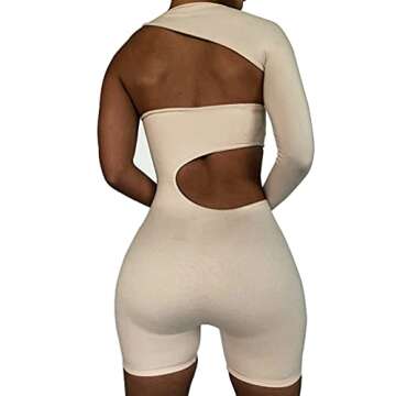 LuFeng Women's Sexy Cut Out One Shoulder Long Sleeve Jumpsuit Short Bodycon Romper Clubwear Apricot
