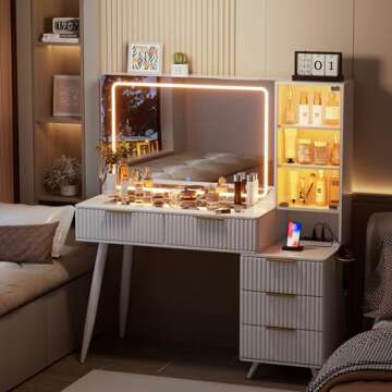 FURNJOYLIFE Makeup Vanity Desk with Mirror and Lights & Charging Station,Modern Glass Top Big Vanity Table with 5 Drawers,Sliding Storage Wall-Mounted Jewelry,3 Shelves for Bedroom,White
