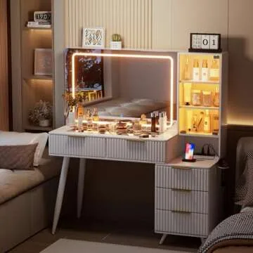 FURNJOYLIFE Makeup Vanity Desk with Mirror and Lights & Charging Station,Modern Glass Top Big Vanity Table with 5 Drawers,Sliding Storage Wall-Mounted Jewelry,3 Shelves for Bedroom,White