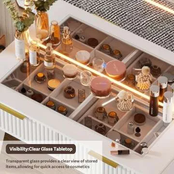 FURNJOYLIFE Makeup Vanity Desk with Mirror and Lights & Charging Station,Modern Glass Top Big Vanity Table with 5 Drawers,Sliding Storage Wall-Mounted Jewelry,3 Shelves for Bedroom,White