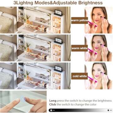 FURNJOYLIFE Makeup Vanity Desk with Mirror and Lights & Charging Station,Modern Glass Top Big Vanity Table with 5 Drawers,Sliding Storage Wall-Mounted Jewelry,3 Shelves for Bedroom,White