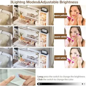 FURNJOYLIFE Makeup Vanity Desk with Mirror and Lights & Charging Station,Modern Glass Top Big Vanity Table with 5 Drawers,Sliding Storage Wall-Mounted Jewelry,3 Shelves for Bedroom,White