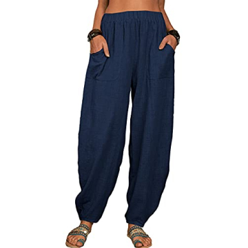Danedvi Women Fashion Solid Loose Harem Pants Capri Baggy Pants Casual Linen Long Pants Navy Blue