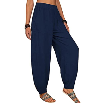 Danedvi Women Fashion Solid Loose Harem Pants Capri Baggy Pants Casual Linen Long Pants Navy Blue