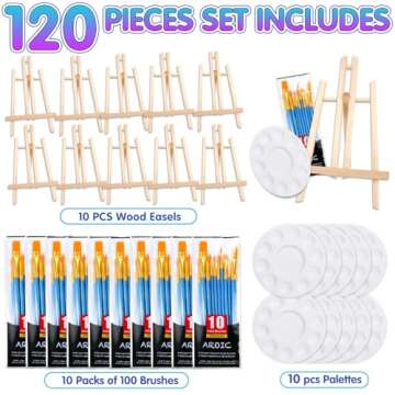AROIC 120 PCS Painting Supplies Set with 10 PCS Wood Easels, 10 Packs of 100 Brushes with Nylon Brus...