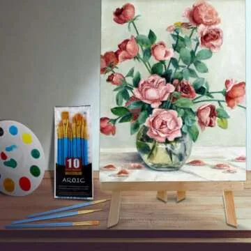 AROIC 120 PCS Painting Supplies Set with 10 PCS Wood Easels, 10 Packs of 100 Brushes with Nylon Brush Head and 10 PCS Palettes, Tabletop Wooden Art Easel for Kids & Adults Sip and Paint Party