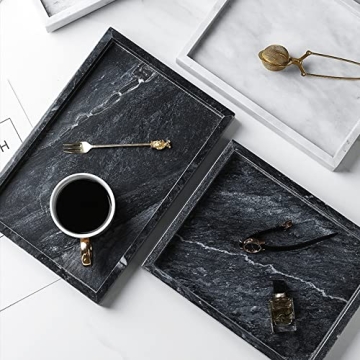 Moreast Black Marble Tray, Stone Bathroom Tray, Decorative Holder for Tissrue, Candle, Soap, Towel, Plant (Black - 10 x 6)