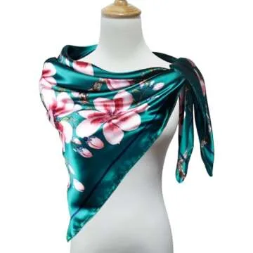 vabovin Satin Head Scarf for Women Silk Like Hair Scarf 35" Square Bandana Fashion Accessory (Blue Green Flowers)