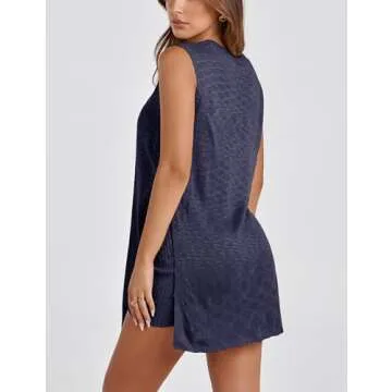 SeekMe Womens Summer Knit Sweater Set Sleeveless Tunic Top Matching Shorts 2 Piece Outfits Trendy Beach Vacation Set(1887-Navy-S-FY)