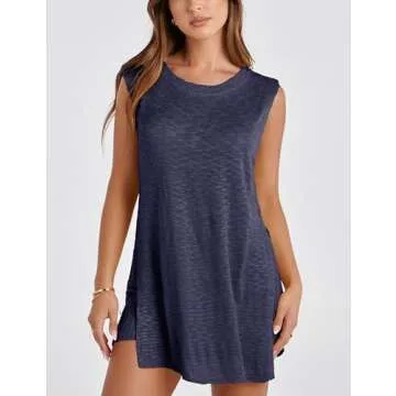 SeekMe Womens Summer Knit Sweater Set Sleeveless Tunic Top Matching Shorts 2 Piece Outfits Trendy Beach Vacation Set(1887-Navy-S-FY)