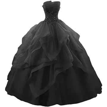 Fair Lady Lace Tulle Prom Dresses Long Quinceanera Ball Gown Ruffles Beaded Strapless A-Line Princes...