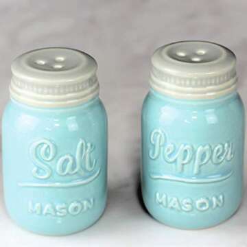 Mason Salt & Pepper Shakers - Vintage Ceramic Salt & Pepper Shaker Set - Retro Farmhouse Decorative Jar Dispenser for Kitchen (Blue)