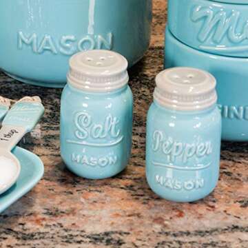 Mason Salt & Pepper Shakers - Vintage Ceramic Salt & Pepper Shaker Set - Retro Farmhouse Decorative Jar Dispenser for Kitchen (Blue)