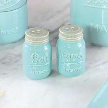 Mason Salt & Pepper Shakers - Vintage Ceramic Salt & Pepper Shaker Set - Retro Farmhouse Decorative Jar Dispenser for Kitchen (Blue)