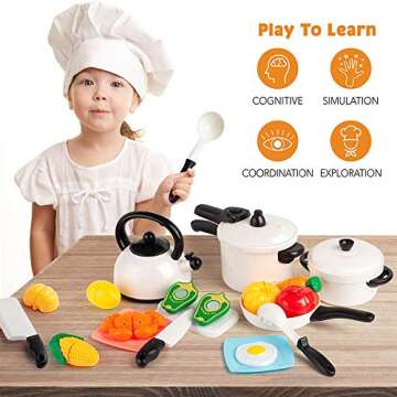 D-FantiX Kids Pretend Play Kitchen Accessories Set, Toddlers Pots and Pans Cookware Playset, Kids Cooking Toys with Utensils, Knife, Cutting Food Kitchen Playset for Girls and Boys Age 2 3 4 5 6 7