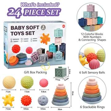 Montessori Toys for Babies,Soft Stacking Building Blocks Rings Balls Sets,3 in 1 Baby Toys Bundle,Sensory Toys for 6-12 Months, Soft Teething Toys for Babies,Baby Toys Gifts for Boy Girl