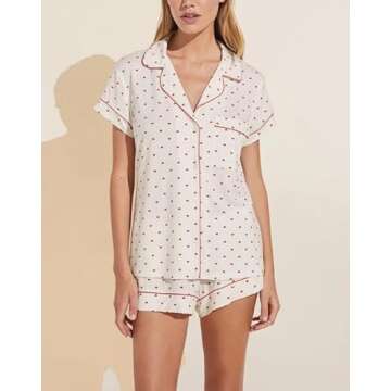 Seyurigaoka Womens Cute Print Pajamas Shorts Set Two-piece Pj Sets Short Sleeve Sleepwear Loungewear Button-Down 2 Piece Pjs Set(Heart Set B,Medium