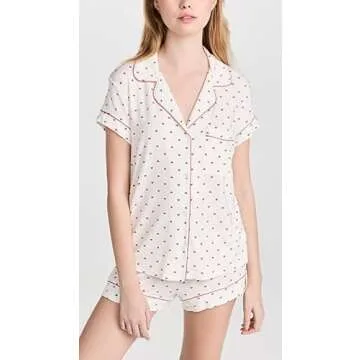 Seyurigaoka Womens Cute Print Pajamas Shorts Set Two-piece Pj Sets Short Sleeve Sleepwear Loungewear Button-Down 2 Piece Pjs Set(Heart Set B,Medium