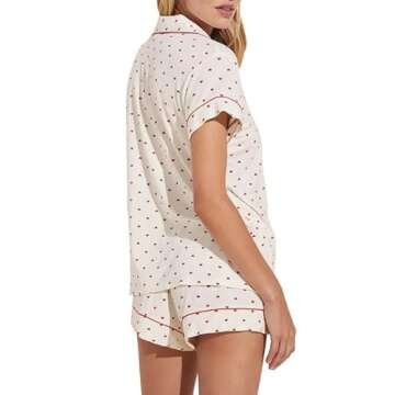 Seyurigaoka Womens Cute Print Pajamas Shorts Set Two-piece Pj Sets Short Sleeve Sleepwear Loungewear Button-Down 2 Piece Pjs Set(Heart Set B,Medium