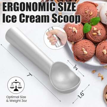 CUNSENR 7 inch Ice Cream Scoop - One-Piece Nonstick Aluminum Ice Cream Scooper - Professional Metal Ice Cream Spoon - Durable, Easy to Use & Clean - Lightweight Cookie Spoon - Scoop Ice Cream(Sliver)