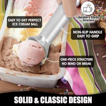 CUNSENR 7 inch Ice Cream Scoop - One-Piece Nonstick Aluminum Ice Cream Scooper - Professional Metal Ice Cream Spoon - Durable, Easy to Use & Clean - Lightweight Cookie Spoon - Scoop Ice Cream(Sliver)