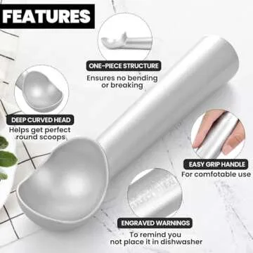 CUNSENR 7 inch Ice Cream Scoop - One-Piece Nonstick Aluminum Ice Cream Scooper - Professional Metal Ice Cream Spoon - Durable, Easy to Use & Clean - Lightweight Cookie Spoon - Scoop Ice Cream(Sliver)