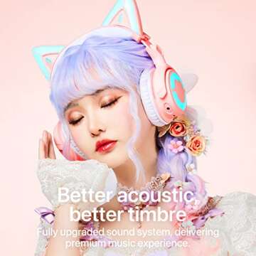 YOWU RGB Cat Ear Headphone 4, Upgraded Wireless & Wired Gaming Headset with Attachable HD Microphone -Active Noise Reduction, Dual-Channel Stereo & Customizable Lighting and Effect via APP (Pink)