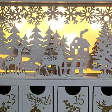PIONEER-EFFORT Christmas Wooden Advent Calendar Book with LEDs White & Gold Christmas Reindeer Countdown Holiday Gifts with 24 Drawers Adults Kids Home Decoration (White&Gold,with light)