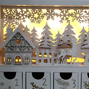 PIONEER-EFFORT Christmas Wooden Advent Calendar Book with LEDs White & Gold Christmas Reindeer Countdown Holiday Gifts with 24 Drawers Adults Kids Home Decoration (White&Gold,with light)
