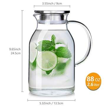 88OZ Glass Pitcher with Lid and Spout - High Heat Resistance Pitcher for Hot/Cold Water & Iced Tea (...