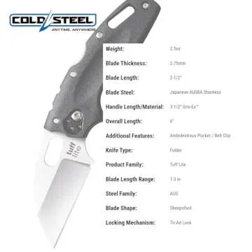 Cold Steel Tuff Lite 2.5" AUS8A Sheepsfoot Razor-Sharp Plain Blade 3.5" Griv-Ex Black Handle Pocket Folding Knife, Boxed