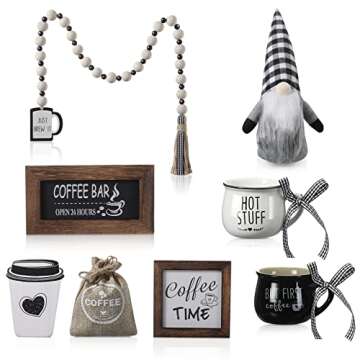 8 Pieces Coffee Bar Decor Sign Farmhouse Tiered Tray Decors,Coffee Wooden Sign Mini Coffee Mug Woode...